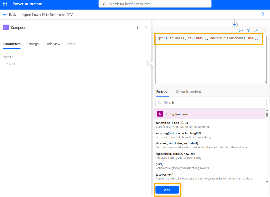 Screenshot of the Power Automate interface showing the Compose action for joining CSV lines with a newline delimiter.