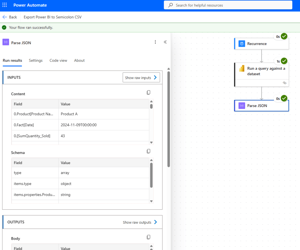 Screenshot of Power Automate showing the results of a flow running successfully, with inputs and schema details for parsing JSON data from Power BI.