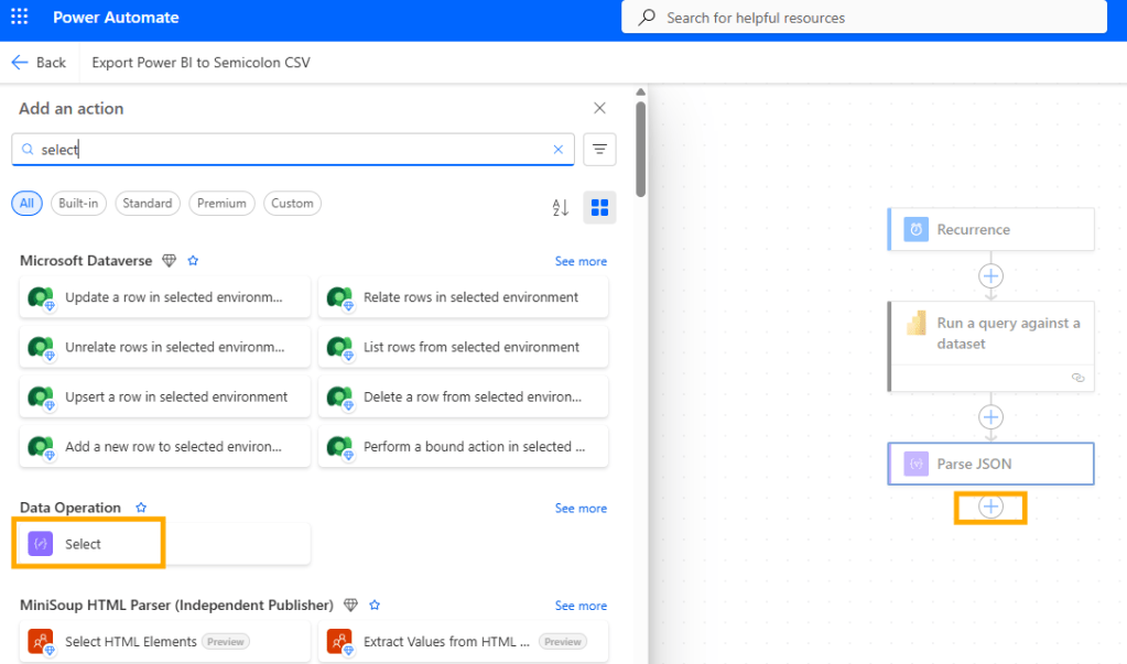 Screenshot of the Power Automate interface, showing the action selector with 'Select' highlighted and options for Microsoft Dataverse and Data Operation actions.