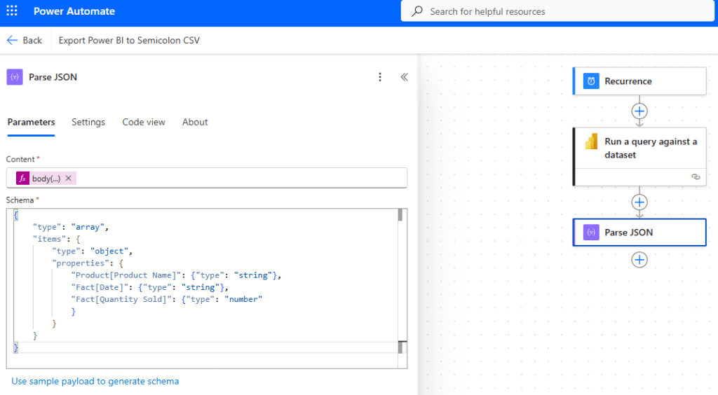Flow diagram showing the steps to export Power BI data to a semicolon-delimited CSV file using Power Automate, with an emphasis on the Parse JSON action.