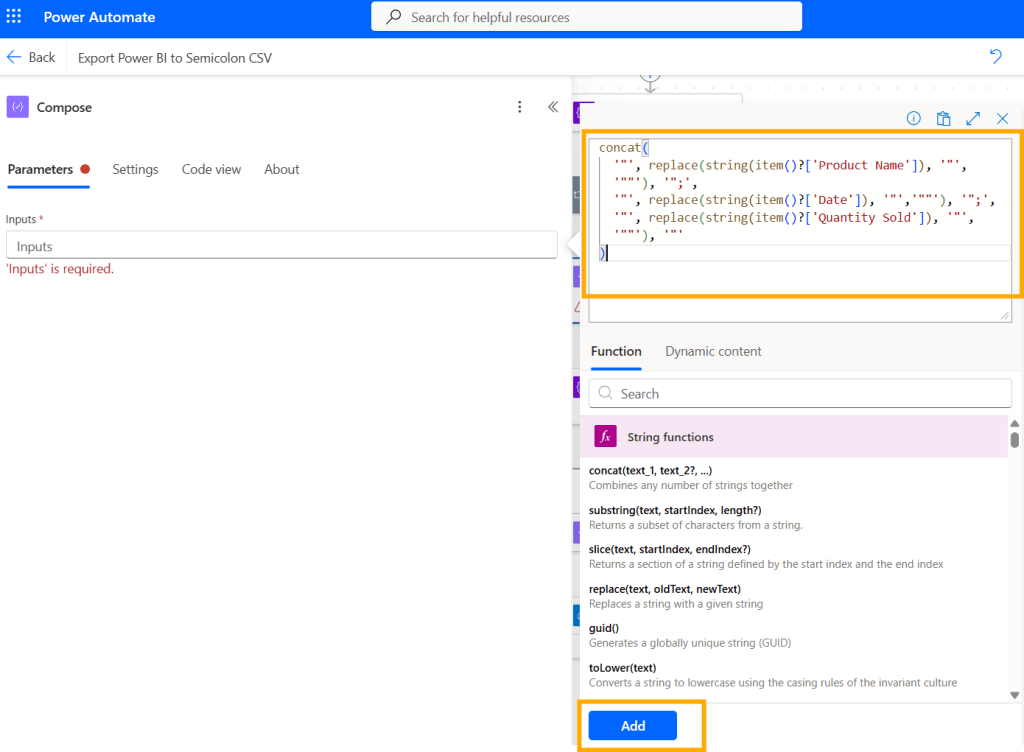 Interface of Power Automate showing the 'Compose' action with parameters including a concat function for generating a CSV row.