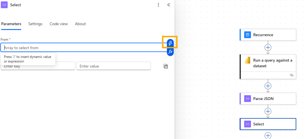 Power Automate interface showing parameters for the 'Select' action with dynamic content options.
