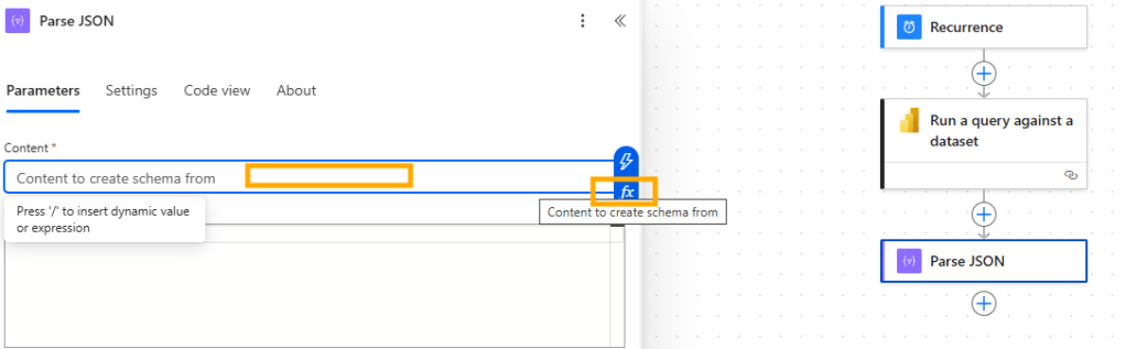Screenshot showing the parameters of the Parse JSON action in Power Automate, highlighting the 'Content to create schema from' field.