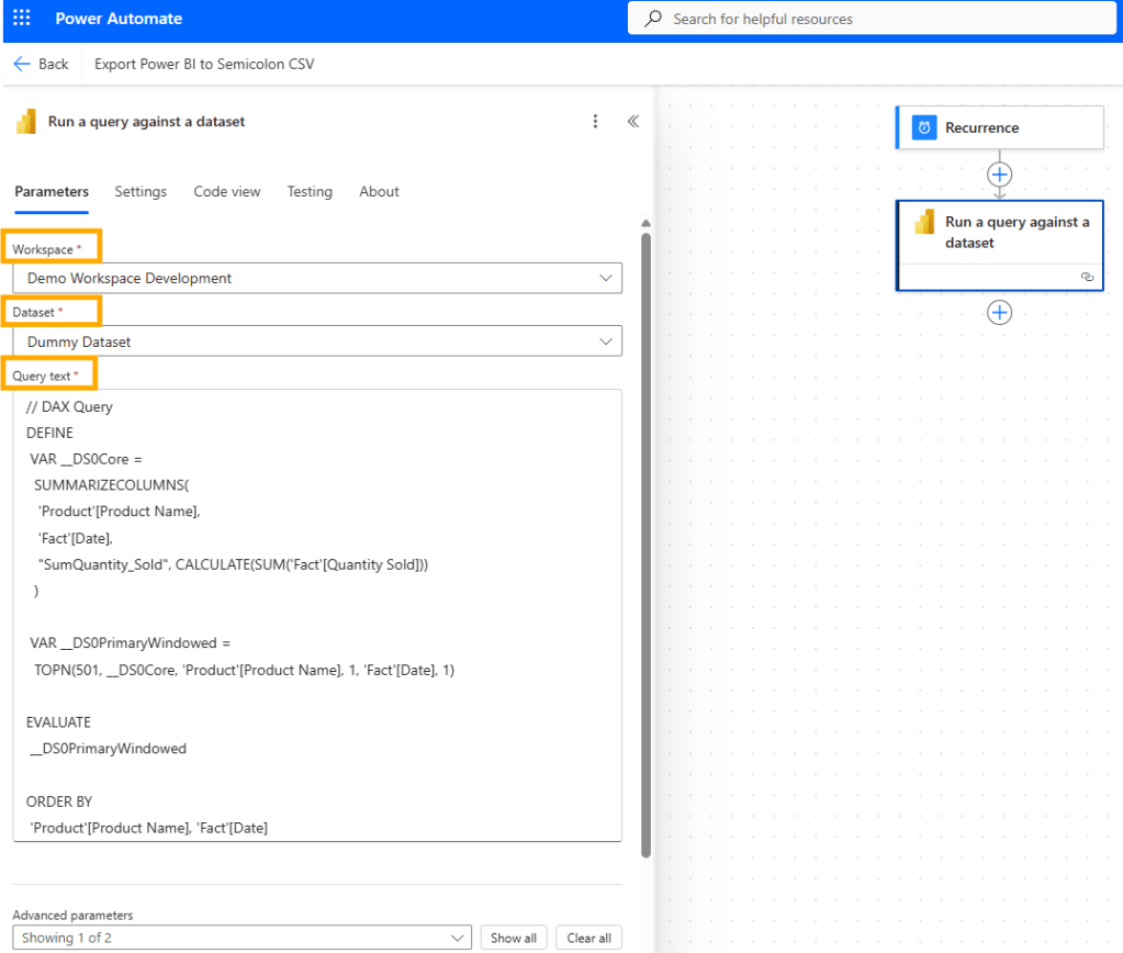 Screenshot of Power Automate interface showing the 'Run a query against a dataset' action with parameters for workspace, dataset, and DAX query.