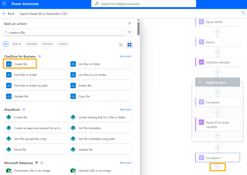 Screenshot showing the Power Automate interface for creating a file action in OneDrive for Business.