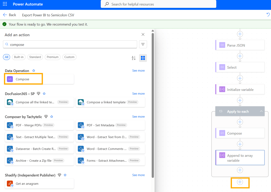 Screenshot of Power Automate interface showing the 'Add an action' section with various options including 'Compose' for creating data operations.
