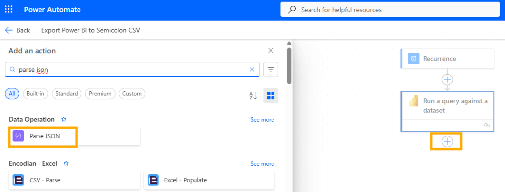 Interface of Power Automate showing the action selection for 'Parse JSON' under the Data Operation section, with the next steps for running a query against a dataset.