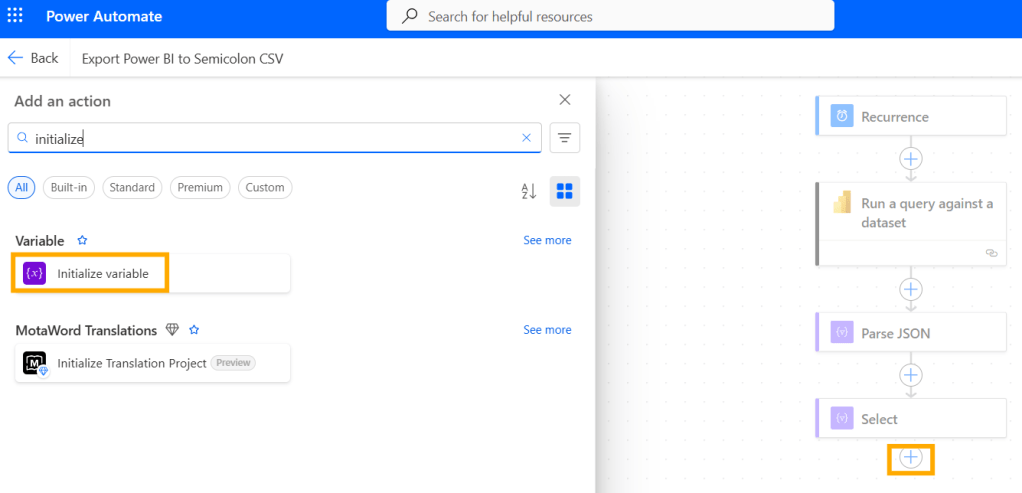 Screenshot of Power Automate interface showing the option to initialize a variable.
