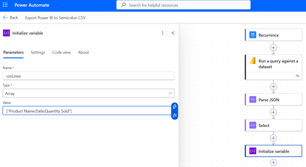 Screenshot of Power Automate interface showing the initialization of a variable named 'csvLines' with type 'Array' and a value of 'Product Name;Date;Quantity Sold'.