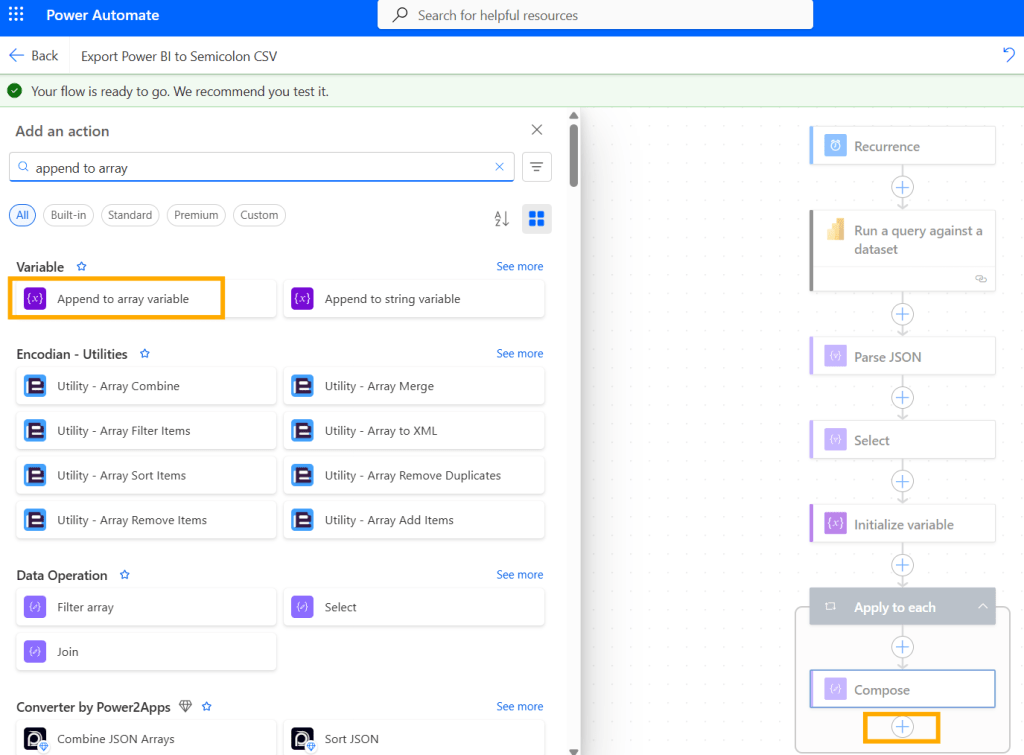 Screenshot of Power Automate interface showing the action 'Append to array variable' in the process of building a flow for exporting Power BI data.
