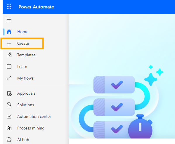 The Power Automate interface showing the sidebar with options for Home, Create, Templates, and other features.