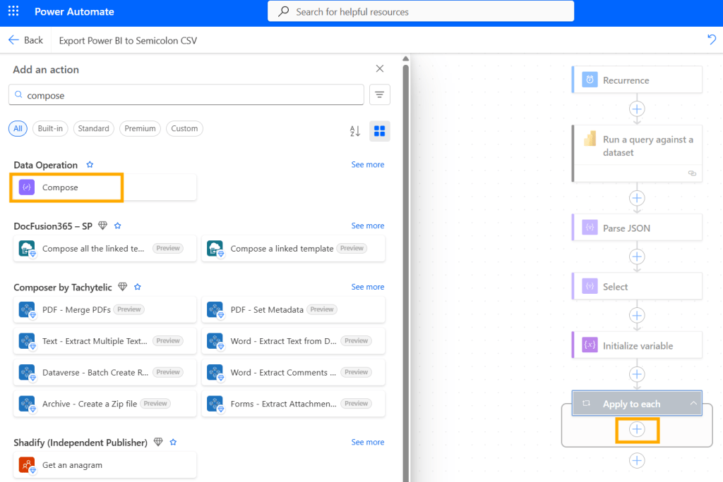 Screenshot of the Power Automate interface showing the action selection for 'Compose' within a flow that exports Power BI data.