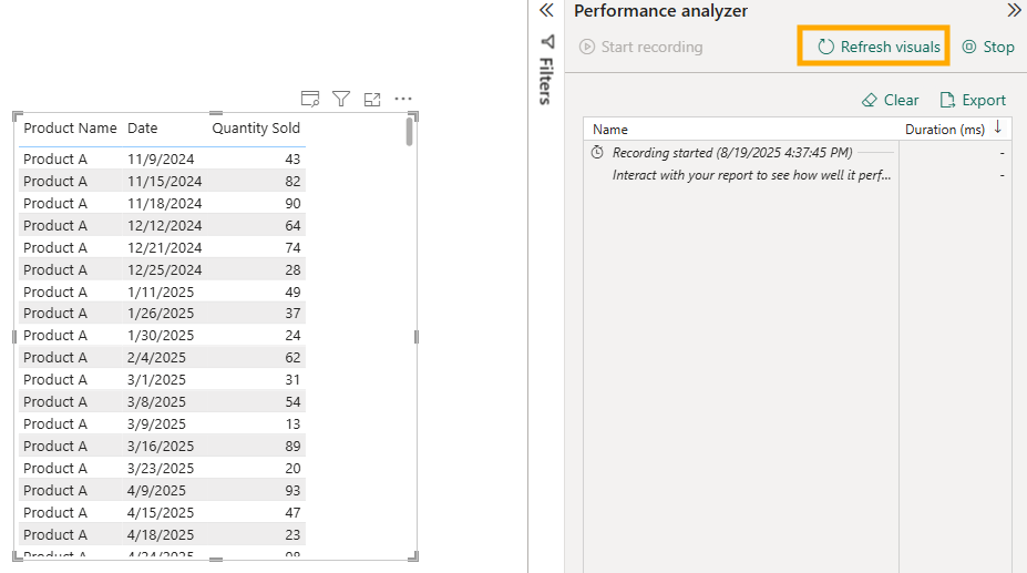 Screenshot of a Power BI table displaying product data including 'Product Name', 'Date', and 'Quantity Sold' with a performance analyzer panel showing the option to refresh visuals.