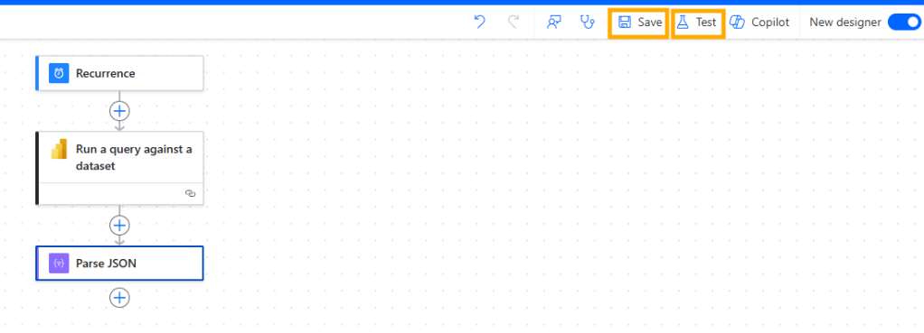 A screenshot of a Power Automate flow editor, showcasing three main steps: 1. Recurrence trigger, 2. Action to run a query against a dataset, 3. Parse JSON action.