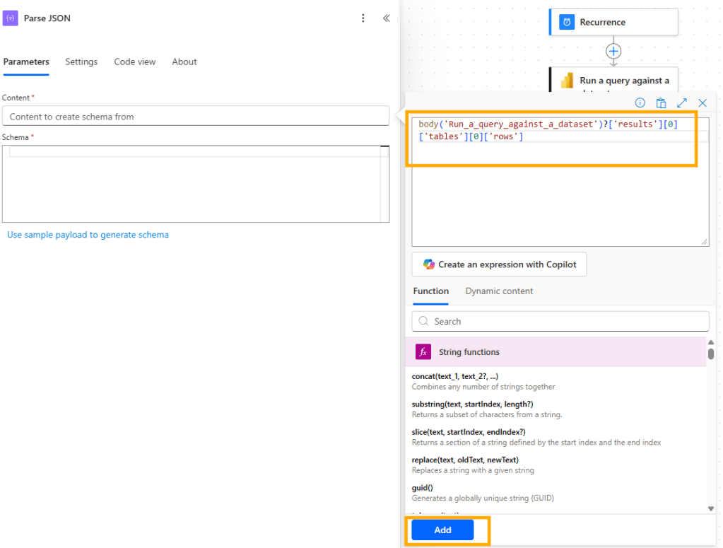 Screenshot of the Parse JSON action in Power Automate, showing parameters for content and schema.