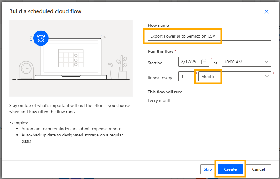 A user interface for creating a scheduled cloud flow in Power Automate, featuring fields for naming the flow, setting the start date, time, and frequency of execution.