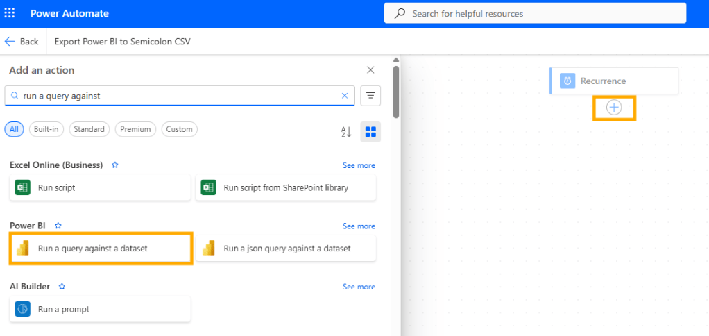 Screenshot of Power Automate interface showing options to add an action, specifically 'Run a query against a dataset' under the Power BI section.