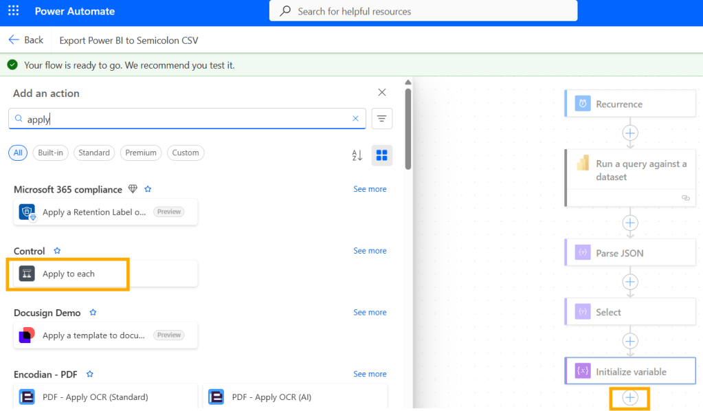 Screenshot showing the Power Automate interface with an action search bar where 'apply' is typed, highlighting the 'Apply to each' action in the list.