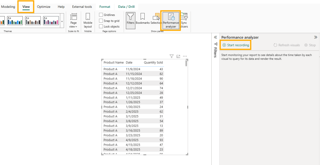 Power BI 'View' menu with selected 'Performance Analyzer' button. A table of product sales data is shown, listing product names, dates, and quantities sold.