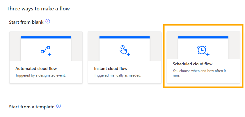 Options for creating a flow in Power Automate, including Automated cloud flow, Instant cloud flow, and Scheduled cloud flow.
